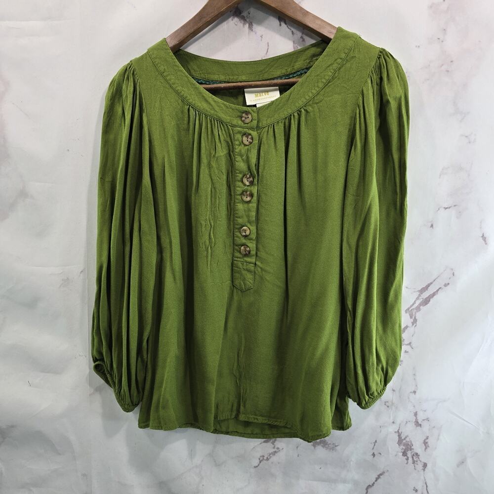 Anthropologie Shirt Womens Small Green Henley Blouse Popover Maeve Kalas Balloon